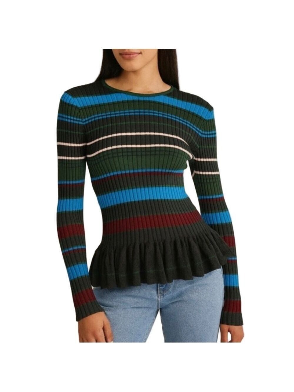 Torn By Ronny Kobo Striped Ribbed Knit Top Large